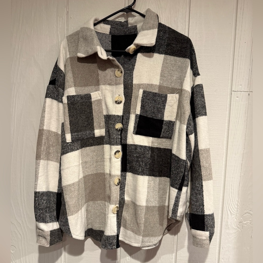 Women’s Oversized Check Shacket Jacket - Black & Cream